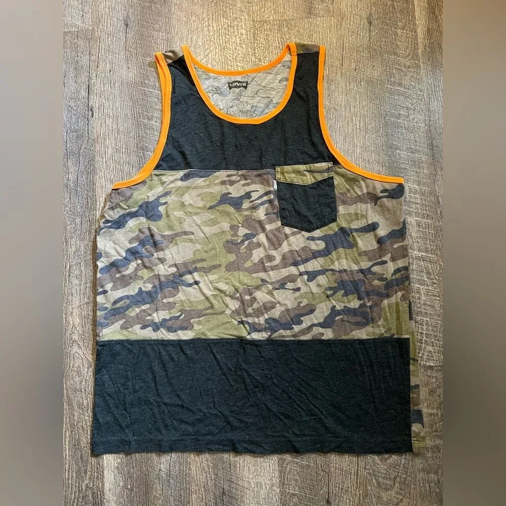 Levi’s Men’s XL Camo Tank Top Colorblock Pocket Black Orange Sleeveless